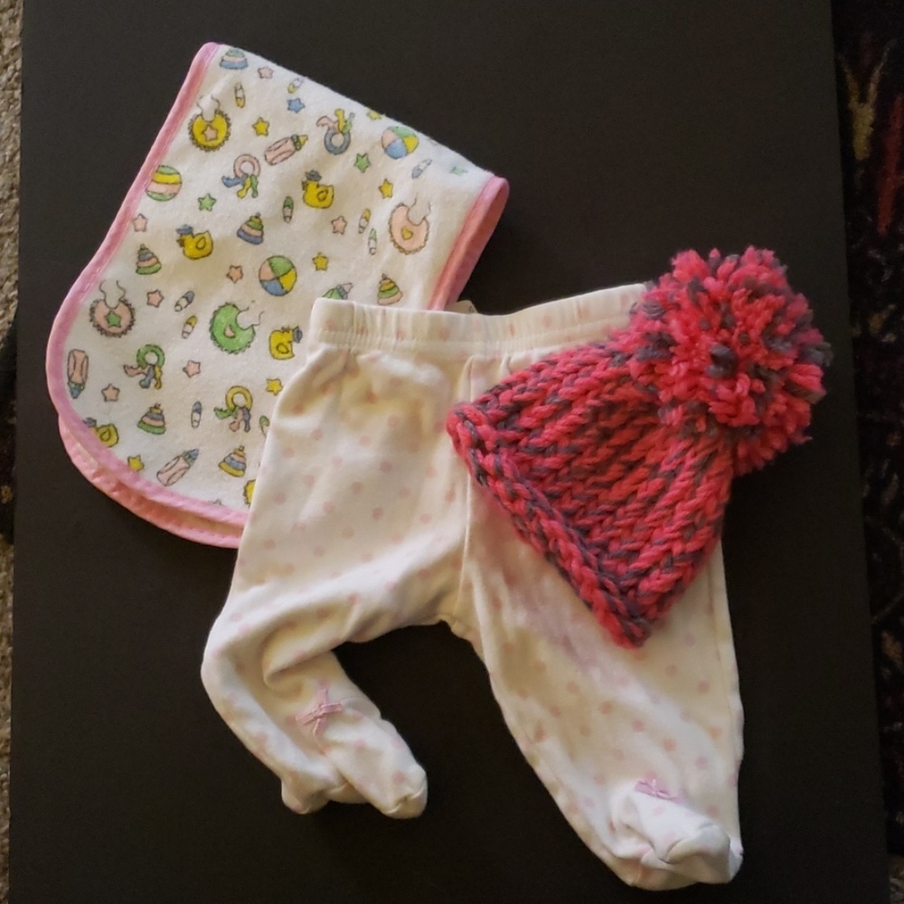 Burping cloth, footed pants, knitted cap